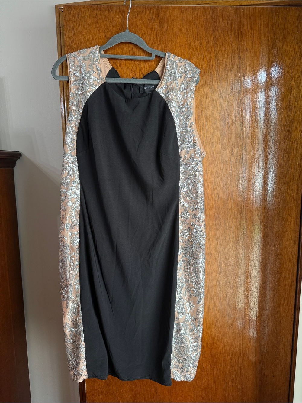 R&M Richards Black Midi Dress with Silver Sequin Side Panels